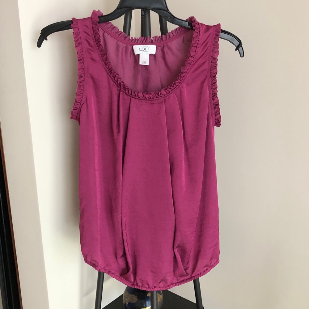 Loft Deep Pink Silky Blouse with Ruffle Trim